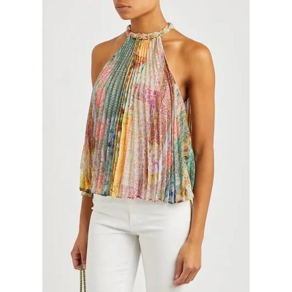 Alice + Olivia Alycia Printed Pleated Chiffon Top Orange Green Small